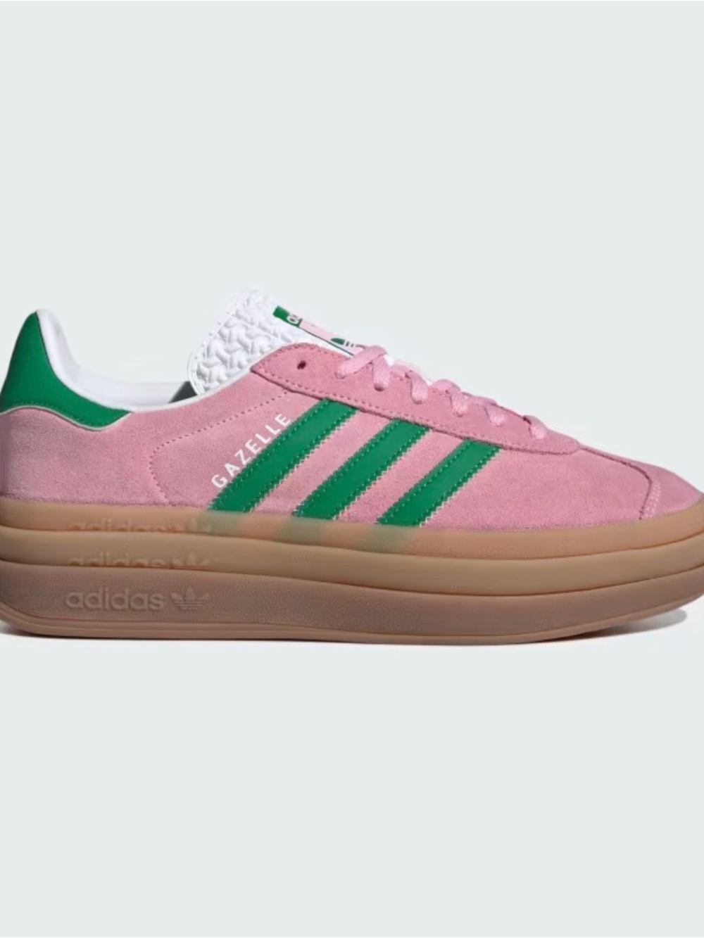 adidas Gazelle Pink Suede Sneaker with Green Stripes and Gum Sole